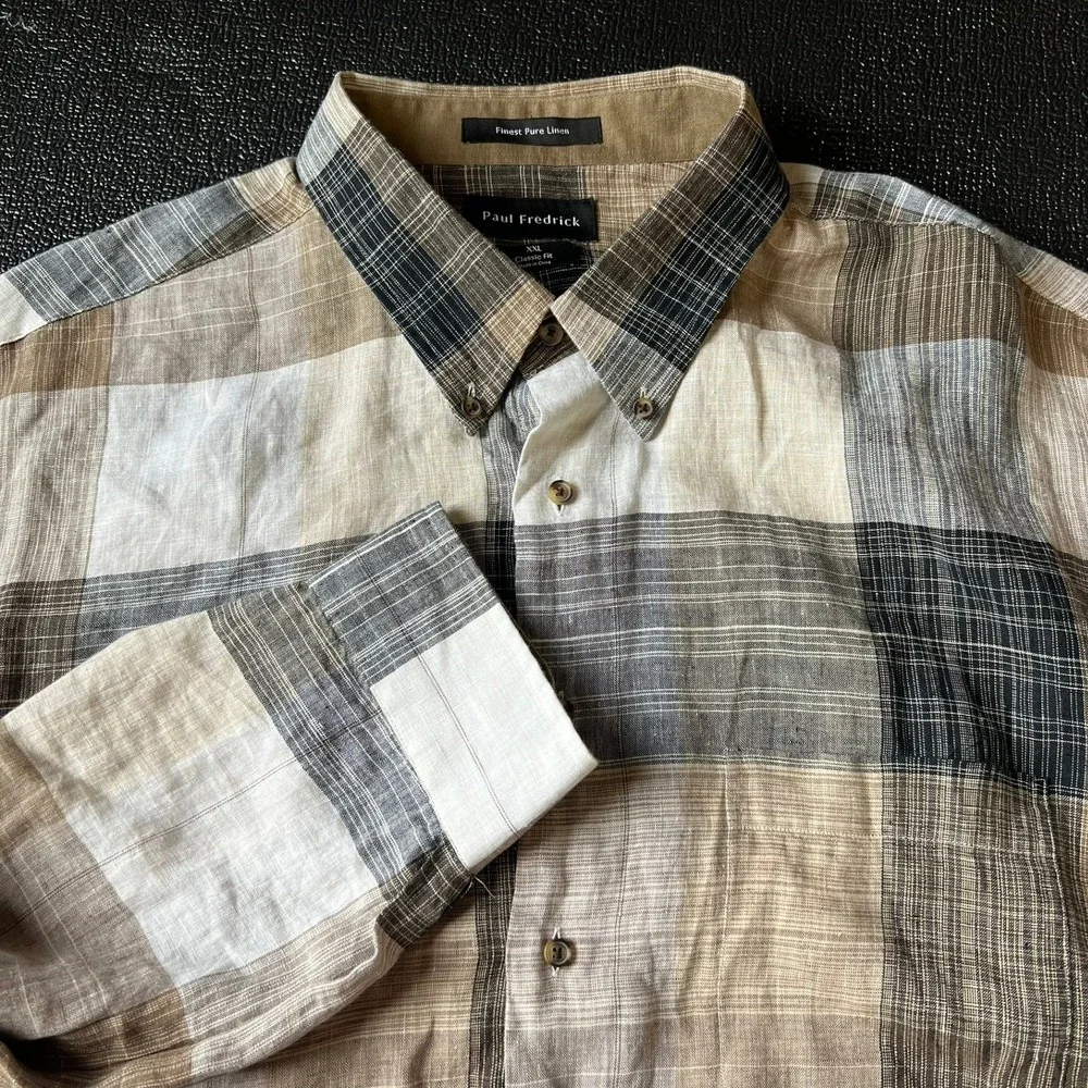 Paul Fredrick XXL Classic Fit Pure Linen Plaid Button Down Shirt Brown Tan Grey